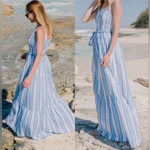 Vineyard Vines Women Ocean Striped Blue and White Cotton Maxi Dress